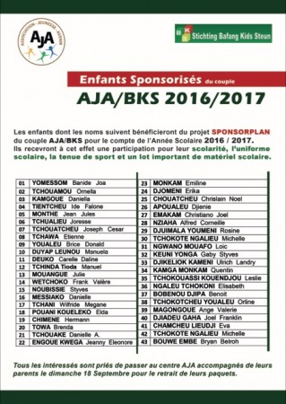Enfants sponsorisé AJA/BKS 2016/2017
